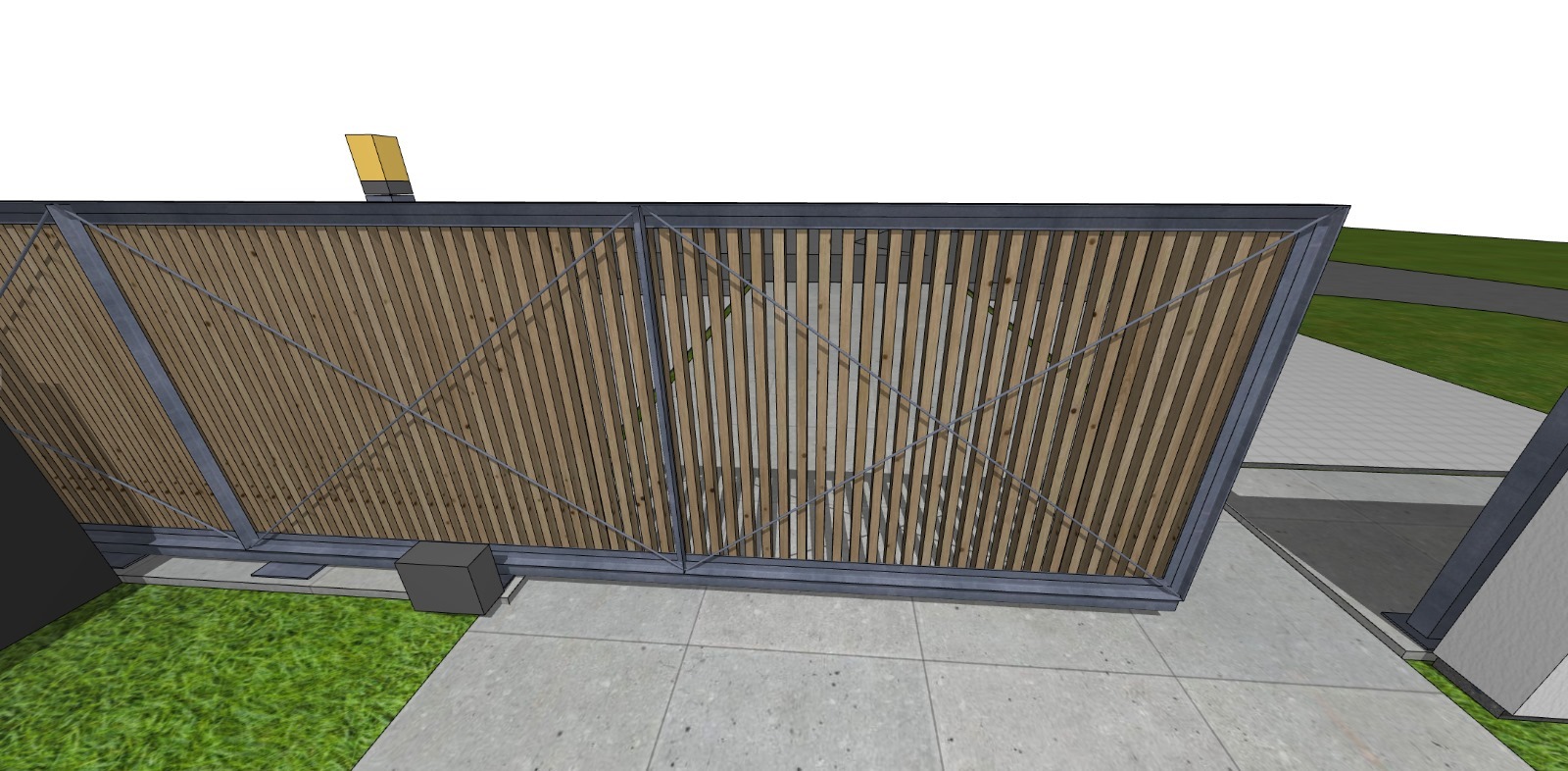 Wizualizacja bramy wjazdowej z drewnianymi lamelami w metalowej ramie, widziana z góry, z elementami trawnika i betonowej nawierzchni. Nowoczesny design.