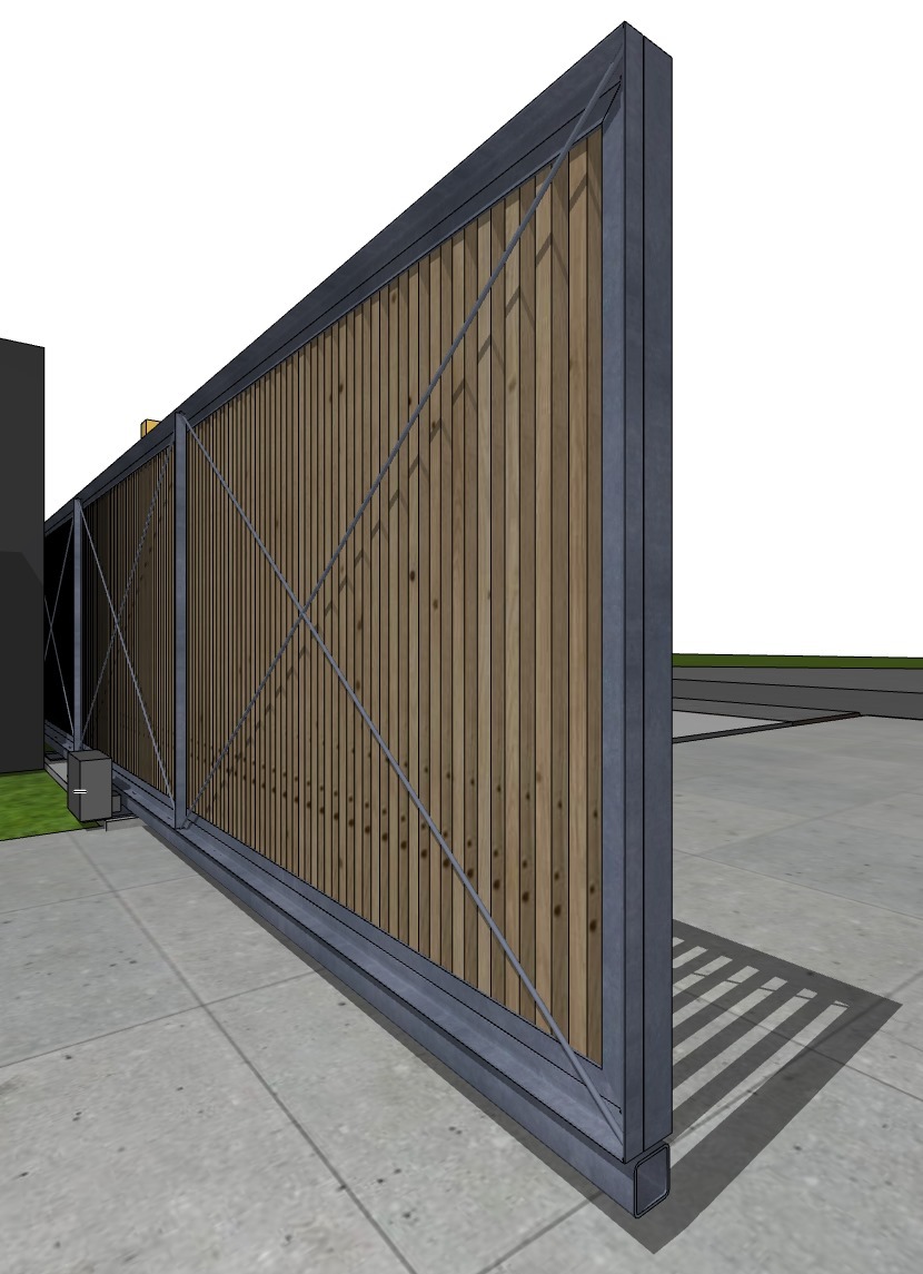 Nowoczesna brama przesuwna z drewnianym wypełnieniem i metalową ramą, widok z boku, betonowa nawierzchnia, minimalistyczny design, jasne drewno, szara rama.