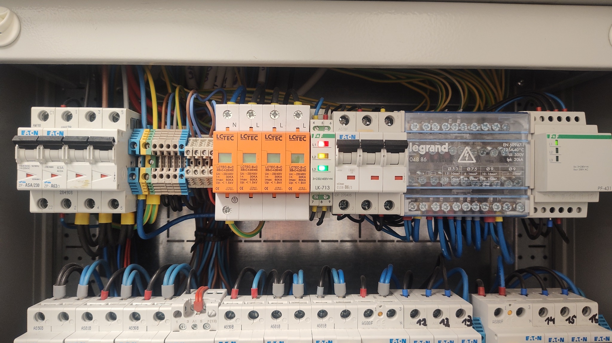 Rozdzielnica elektryczna z zainstalowanymi zabezpieczeniami przepięciowymi LCTEC, wyłącznikami Eaton i Legrand, widoczne okablowanie w kolorach niebieskim, żółtym i zielonym.
