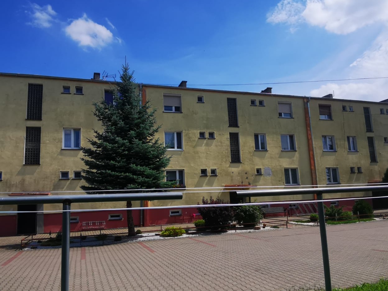 Żółty, trzypiętrowy budynek mieszkalny z widocznymi śladami zabrudzeń na elewacji, zielone drzewo iglaste przed budynkiem, błękitne niebo z białymi chmurami.