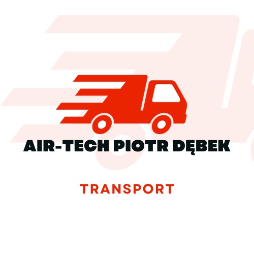 Logo firmy transportowej AIR-TECH PIOTR DĘBEK z dynamicznym symbolem czerwonego samochodu dostawczego i napisem TRANSPORT.
