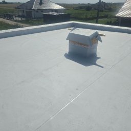 L.W.Hall Łukasz Wójcik - Szary płaski dach z widocznym kominem zabezpieczonym folią i taśmą, w tle domy jednorodzinne.