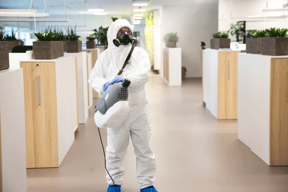Pracownik w kombinezonie ochronnym i masce, z przenośnym zamgławiaczem, wykonuje dezynfekcję w biurze w Gdańsku, na tle rzędu szafek z roślinami doniczkowymi.