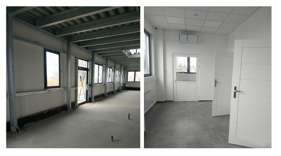Dwa ujęcia wnętrza budynku w trakcie prac wykończeniowych: po lewej surowy stan z metalową konstrukcją i oknami, po prawej wykończone pomieszczenie z szarą podłogą, białymi ścianami i drzwiami.