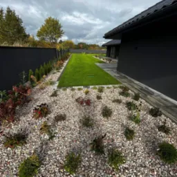 Nowoczesny ogr&oacute;d z r&oacute;wno przystrzyżonym trawnikiem, rabatą wysypaną drobnymi kamieniami i nasadzeniami ozdobnych krzew&oacute;w oraz drzewek, obok ciemnego budynku z czarną dach&oacute;wką i wysokiego, czarnego...