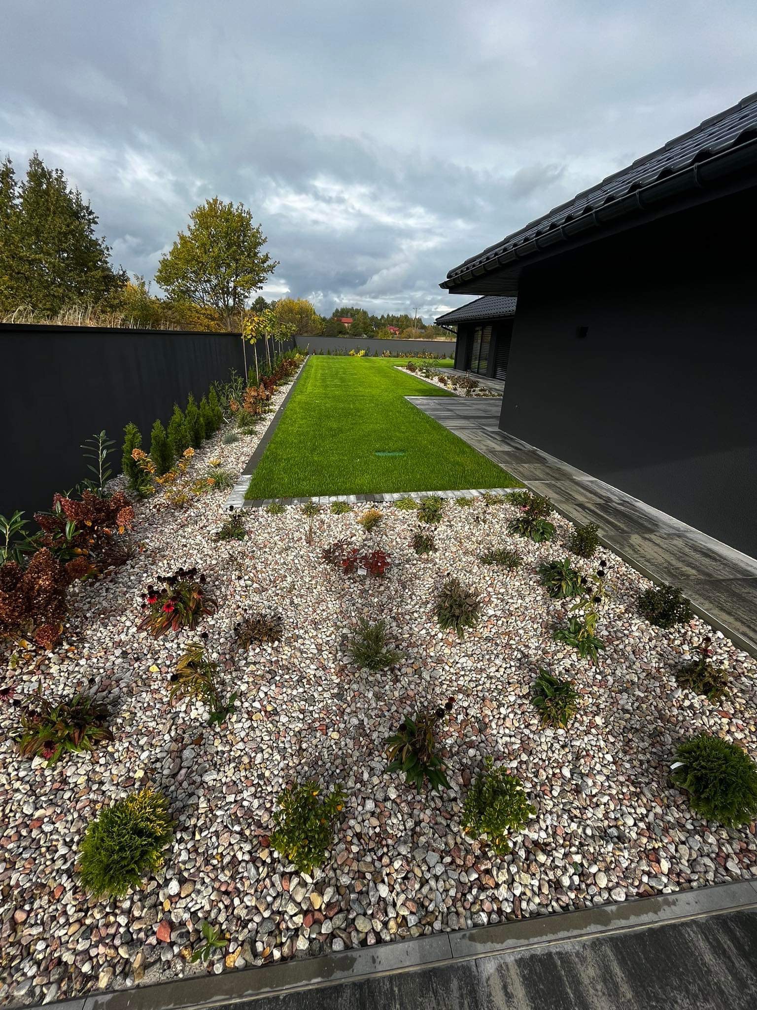 Nowoczesny ogród z równo przystrzyżonym trawnikiem, rabatą wysypaną drobnymi kamieniami i nasadzeniami ozdobnych krzewów oraz drzewek, obok ciemnego budynku z czarną dachówką i wysokiego, czarnego...