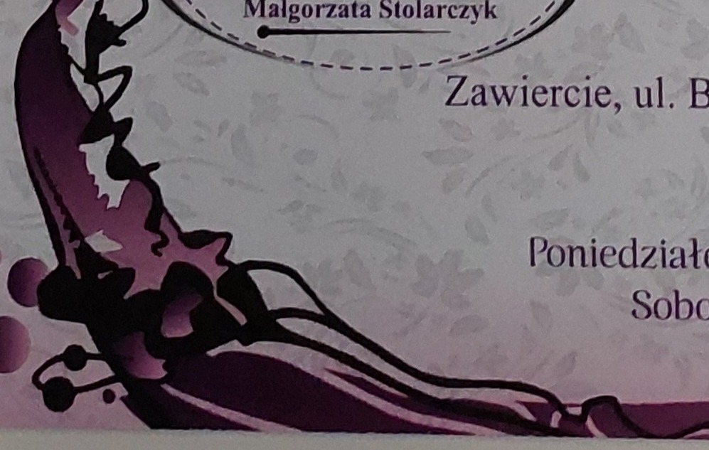 Wizytówka z fioletowym motywem, adresem w Zawierciu i godzinami otwarcia.