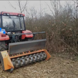 Czerwony traktor z zamontowanym frezem mulczującym na polu z resztkami roślinnymi i krzewami w tle.