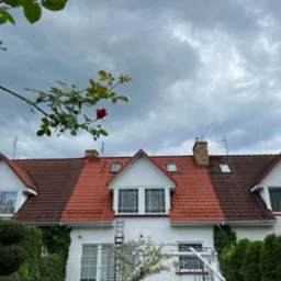 Dwukolorowy dach z dachówki ceramicznej na tle pochmurnego nieba, drabina oparta o ścianę budynku, widoczna roślinność.