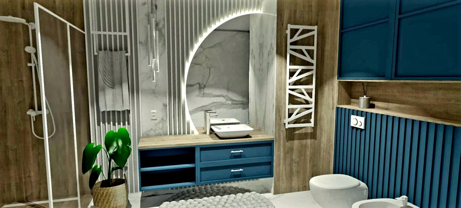 Wizualizacja łazienki z kabiną prysznicową, umywalką nablatową podświetloną półokrągłym lustrem, grzejnikiem dekoracyjnym i zabudową w odcieniach drewna i niebieskiego.