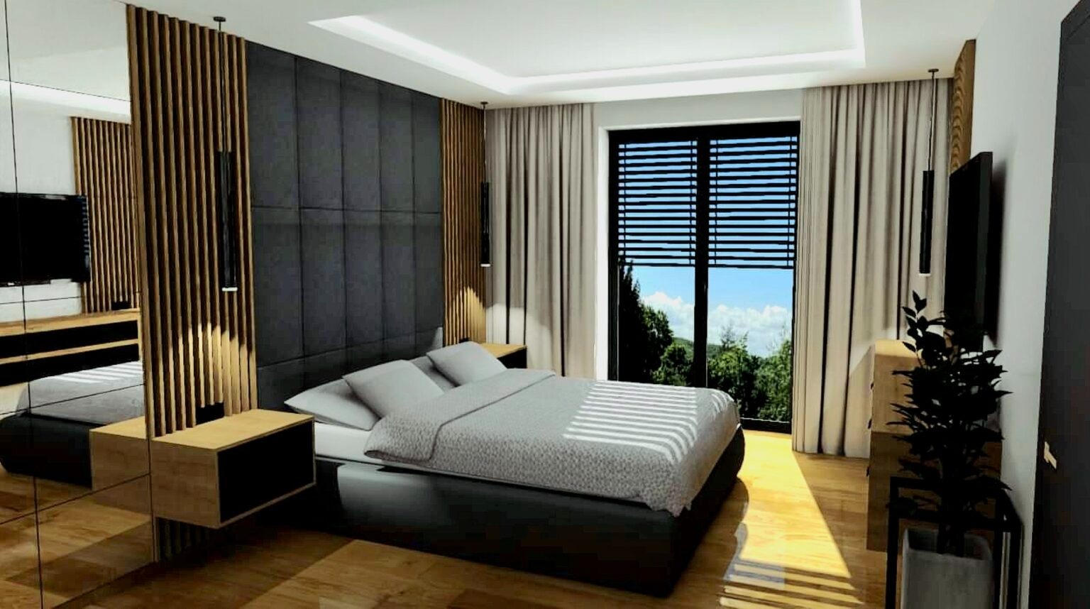 Nowoczesna sypialnia z łóżkiem na niskiej platformie, panelem ściennym z ciemnej tapicerki i drewnianymi lamelami, światło słoneczne wpadające przez okno z żaluzjami.