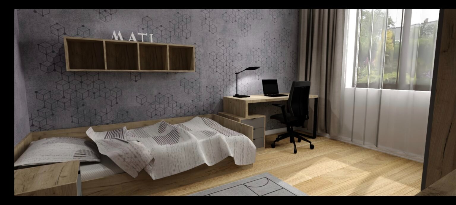 Pokój młodzieżowy z łóżkiem w zabudowie, biurkiem z szufladami, czarnym krzesłem obrotowym i półką nad łóżkiem, na ścianie szary wzór geometryczny oraz białe litery 'MATI'.