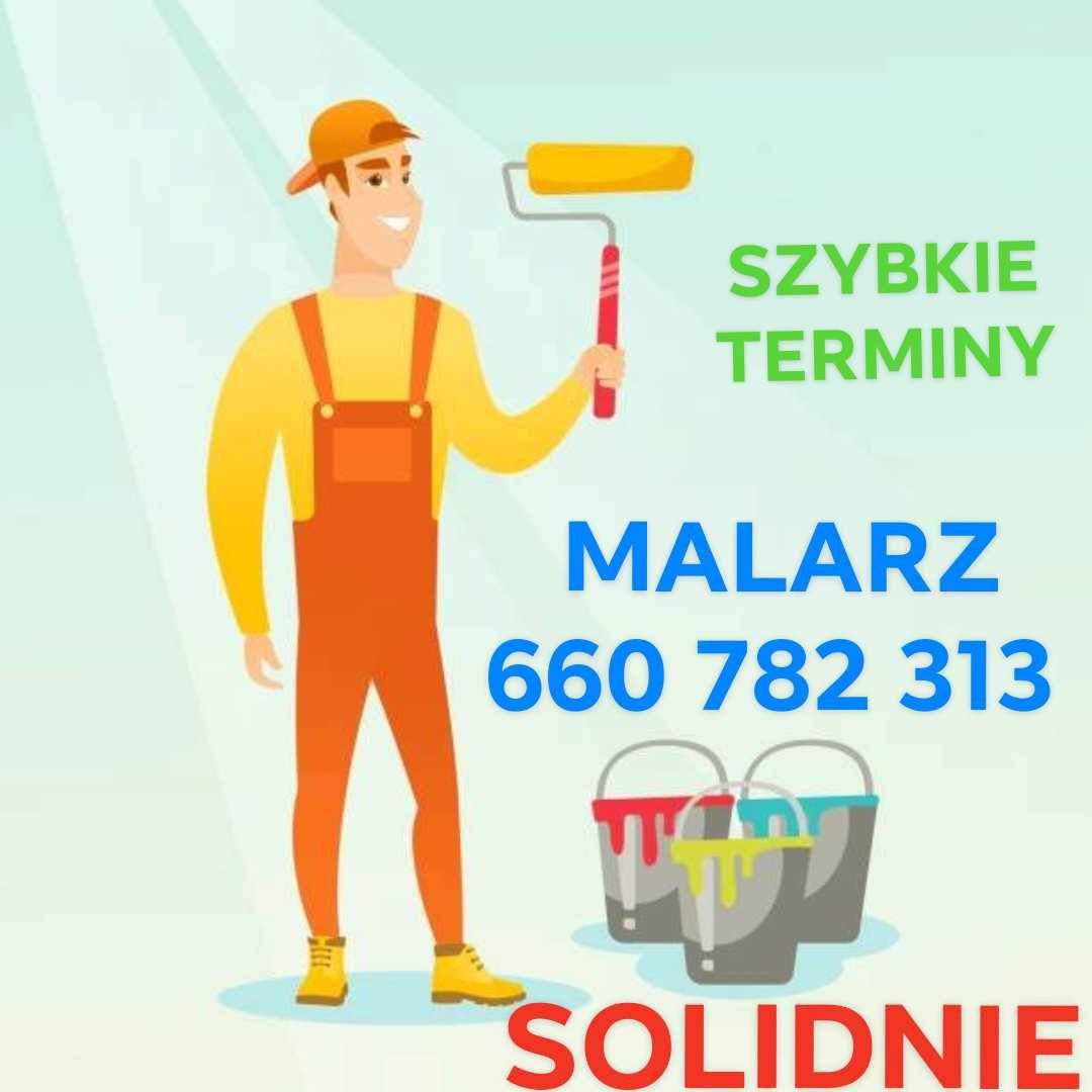Kreskówkowy malarz w pomarańczowym kombinezonie trzyma wałek do malowania, obok wiadra z farbą i napisy 'Szybkie terminy', 'Malarz' i numer telefonu.