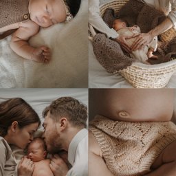 Klaudia Makowska-Kuźma - Kolaż czterech ujęć: śpiąca noworodka w stroju z dzianiny, rodzice spoglądający na dziecko w koszu, rodzice całujący śpiące dziecko w pieluszce, zbliżenie nóżek noworodka w dzianinowych spodenkach.