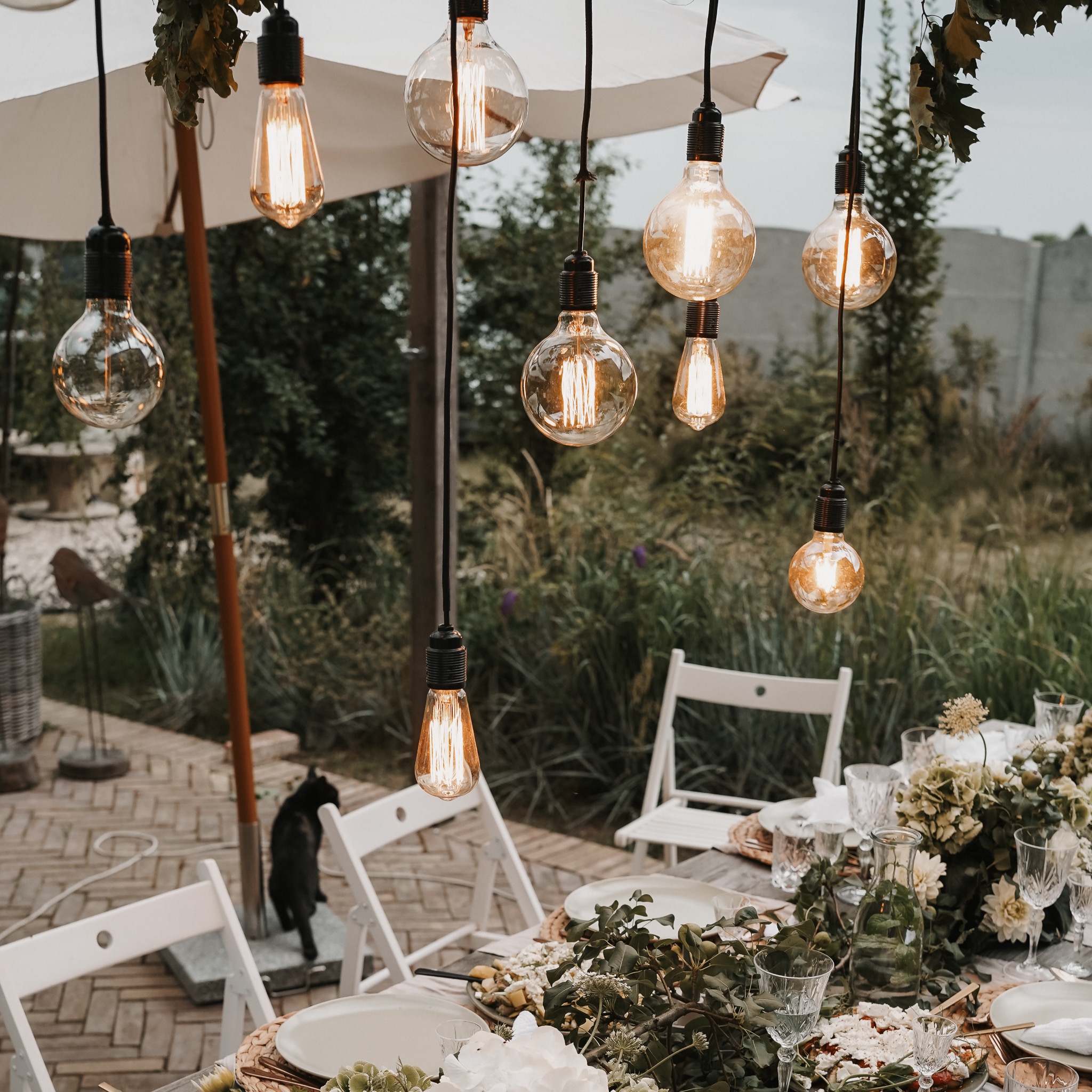 Uroczysta aranżacja stołu na zewnątrz z dekoracjami kwiatowymi i wiszącymi żarówkami w stylu retro, czarny kot w tle.