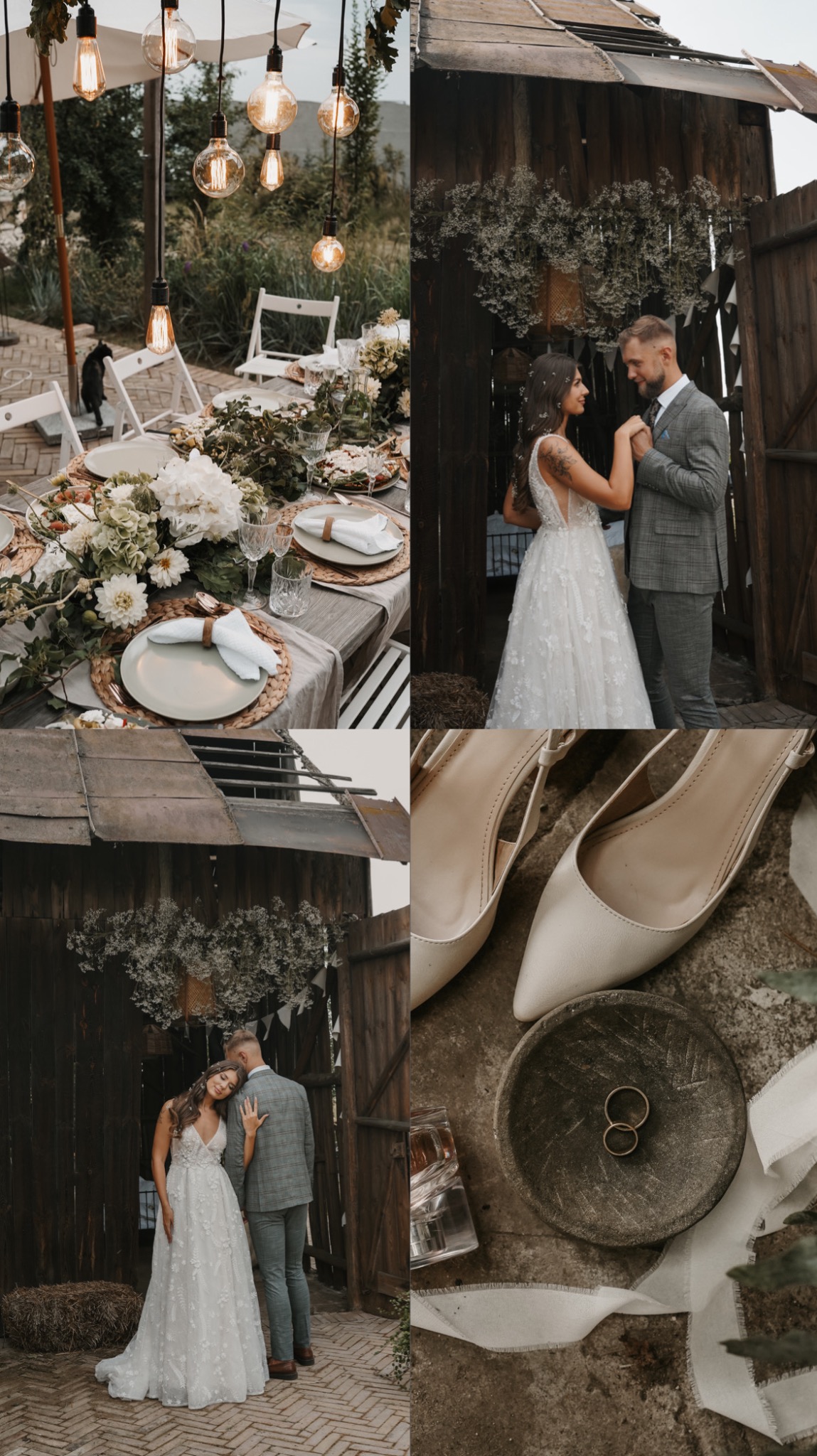 Kolaż zdjęć ślubnych: stół z dekoracją kwiatową i wiszącymi żarówkami, para młoda przed drewnianą konstrukcją, buty ślubne i obrączki na kamiennej podstawce.