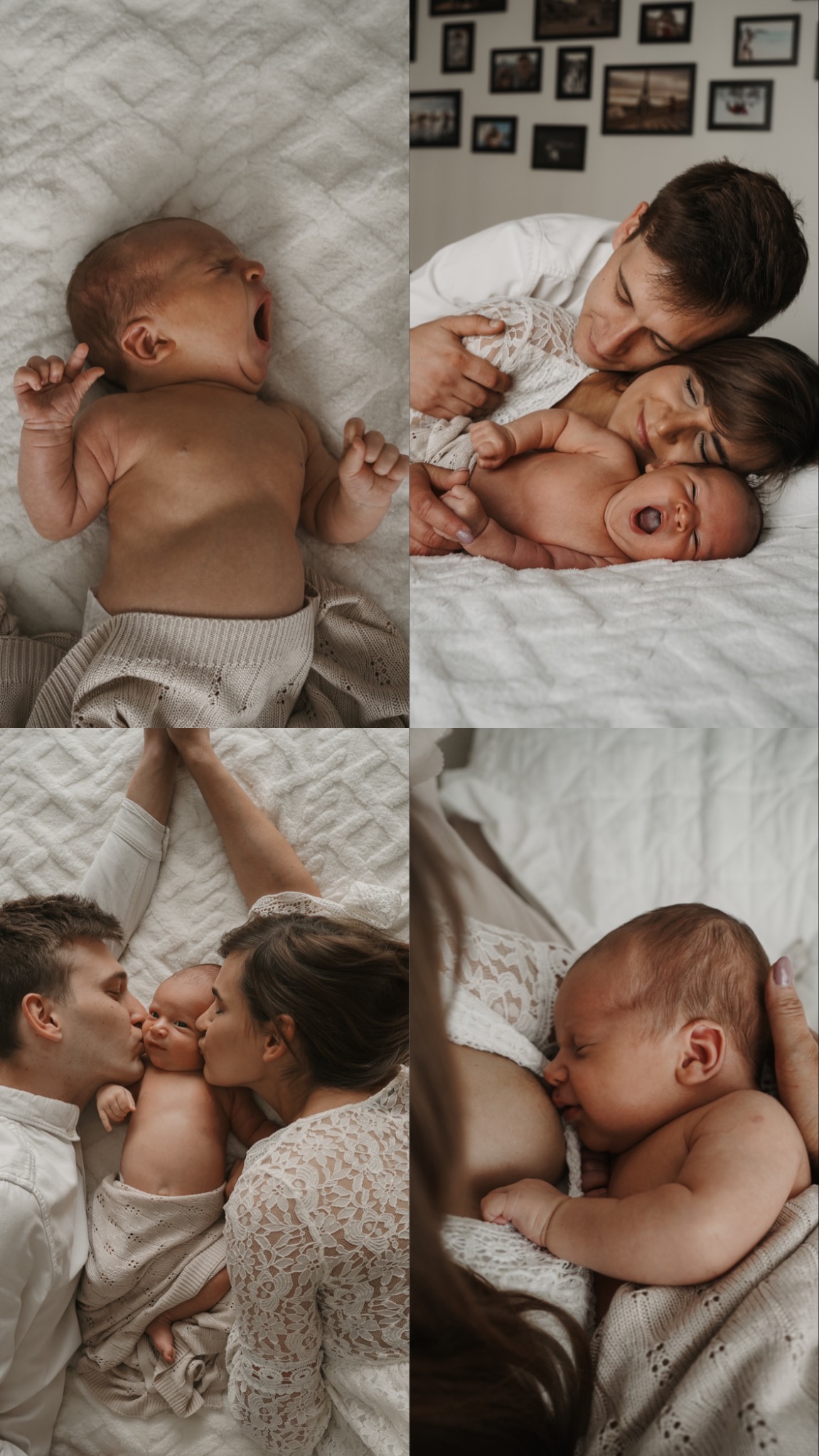 Kolaż czterech ujęć noworodka: ziewający na białej pościeli, rodzice przytulają i całują dziecko, karmienie piersią w koronkowym ubraniu.