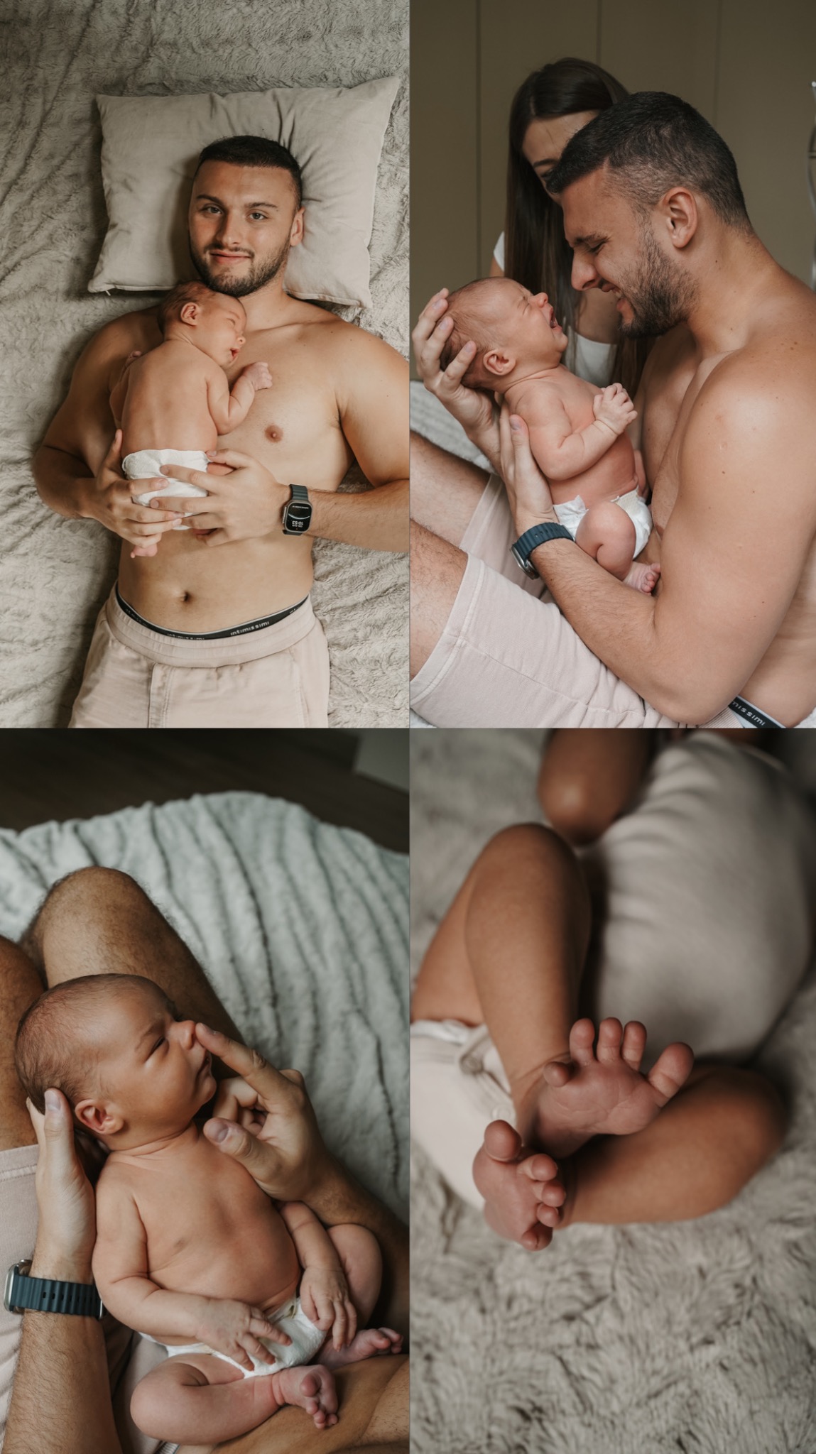 Montaż zdjęć: ojciec trzyma noworodka leżąc na łóżku, rodzice trzymają płaczące dziecko, zbliżenie na twarz i stopy noworodka.