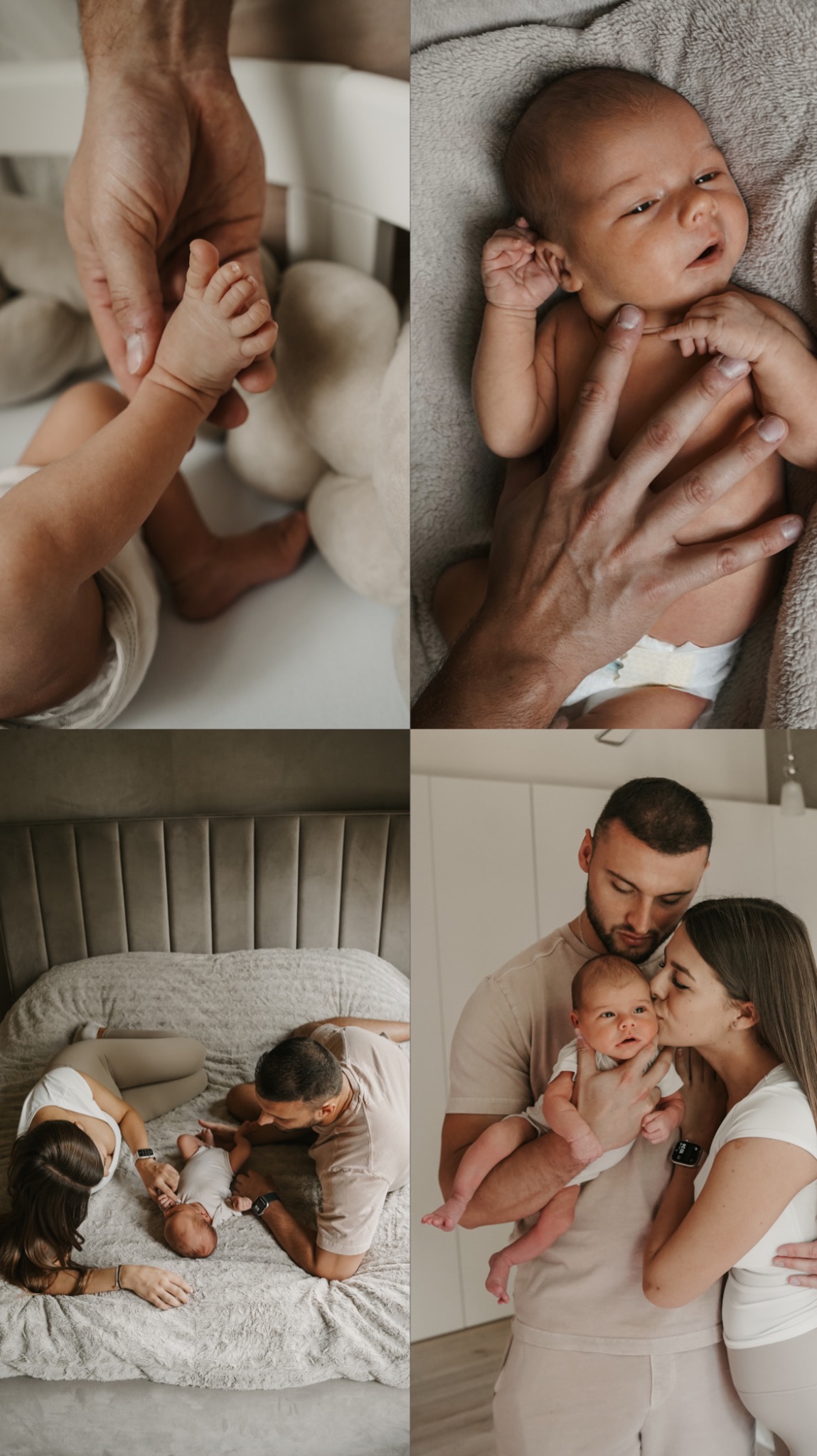 Kompozycja czterech ujęć: stopy noworodka w dłoni ojca przy łóżeczku, niemowlę na szarym kocyku w dłoniach, rodzice z dzieckiem leżący na łóżku oraz rodzina trzymająca dziecko na tle białej ściany.