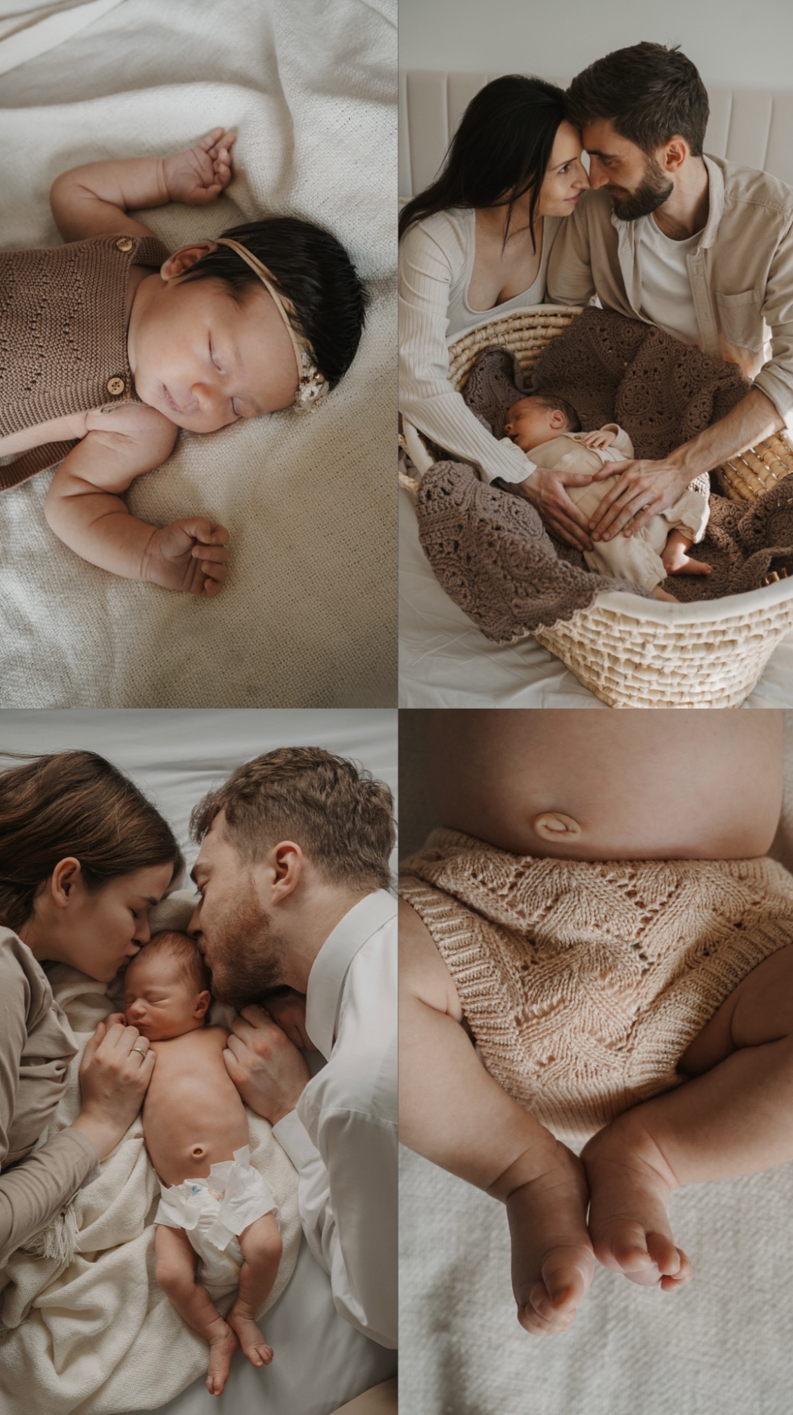 Kolaż czterech ujęć: śpiąca noworodka w stroju z dzianiny, rodzice spoglądający na dziecko w koszu, rodzice całujący śpiące dziecko w pieluszce, zbliżenie nóżek noworodka w dzianinowych spodenkach.