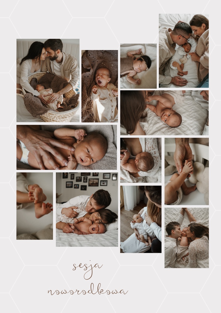 Kolaż z sesji noworodkowej: rodzice tulą dziecko, dziecko śpi, rodzic trzyma stópki dziecka, różne ujęcia noworodka w naturalnych pozach.