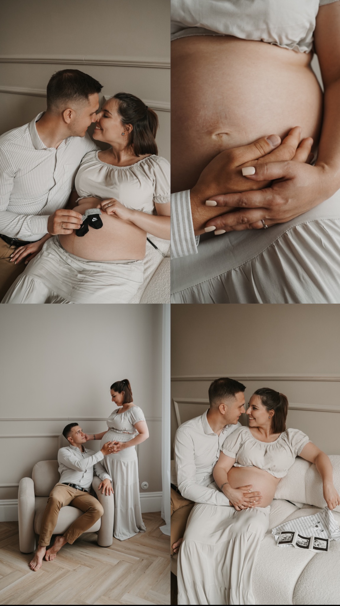 Kolaż z sesji ciążowej: uśmiechnięta para w jasnych ubraniach, czułe gesty, dłonie na brzuchu, małe skarpetki i zdjęcia USG.