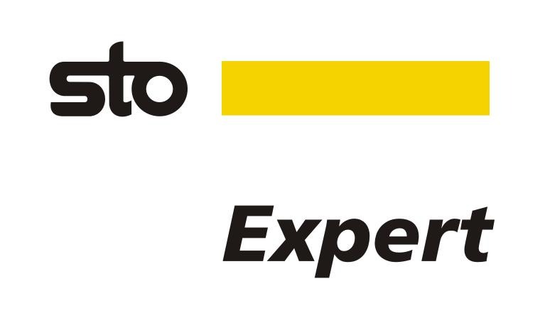 Logo firmy Sto Expert z czarnym napisem i żółtym prostokątem na białym tle.