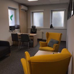 Centrum Psychiatrii i Psychoterapii COLLIGO w Bydgoszczy - Jasne wnętrze gabinetu z dwoma żółtymi fotelami uszakami, stolikiem kawowym, biurkiem z krzesłami i oknami z przyciemnionymi szybami, na parapecie pluszowa małpka.
