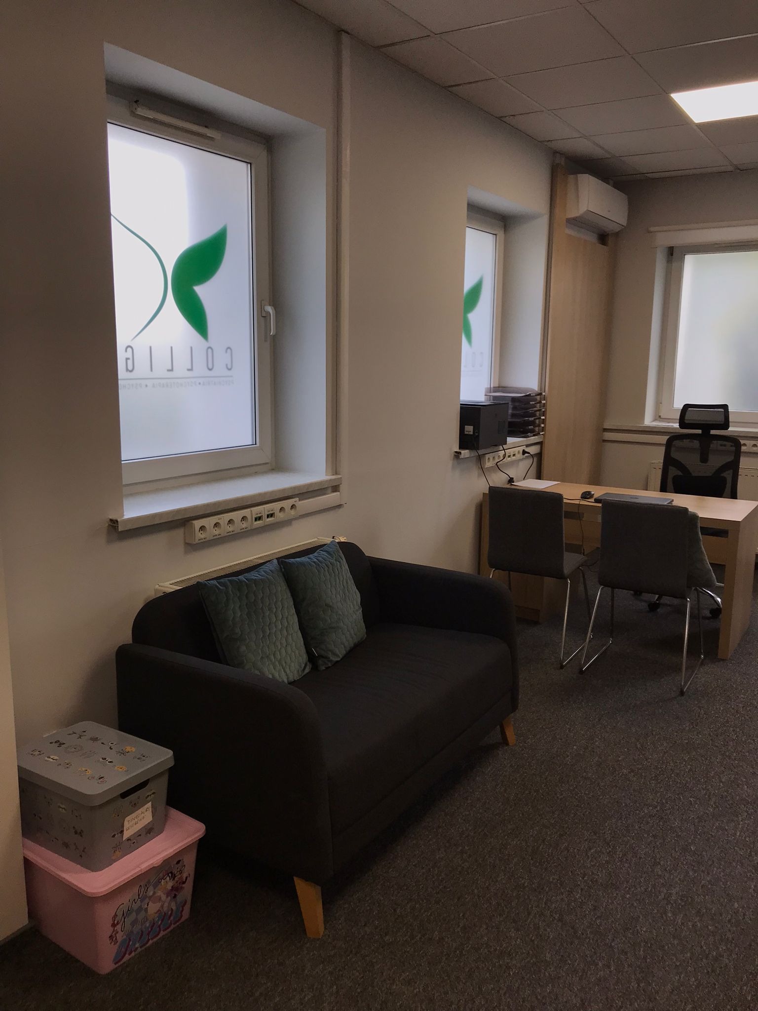 Gabinet psychologiczny z ciemną sofą z poduszkami, biurkiem z krzesłami i oknami z logo firmy, pudełka na podłodze.