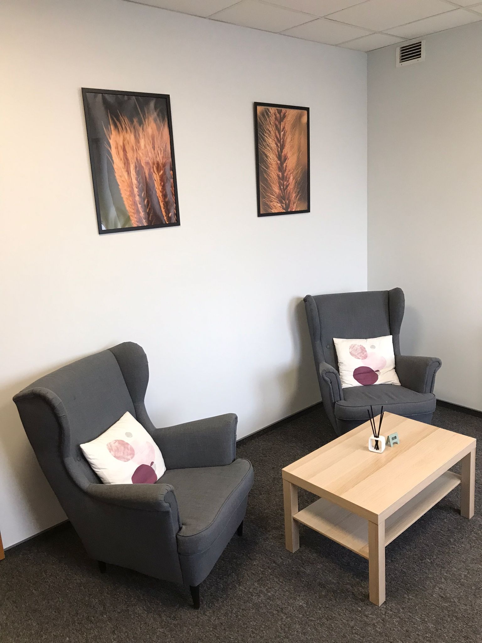 Gabinet z dwoma szarymi fotelami typu uszak, drewnianym stolikiem kawowym z dyfuzorem zapachowym i obrazami z motywem zboża na ścianach.