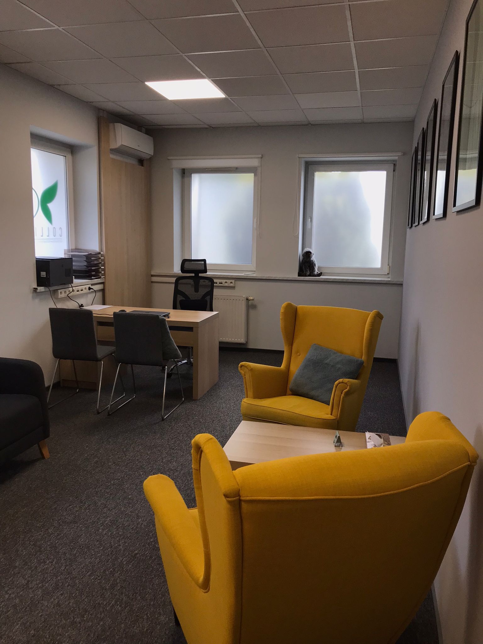 Jasne wnętrze gabinetu z żółtymi fotelami typu uszak, biurkiem z komputerem i szarą wykładziną. Na parapecie okna siedzi mała figurka małpki.