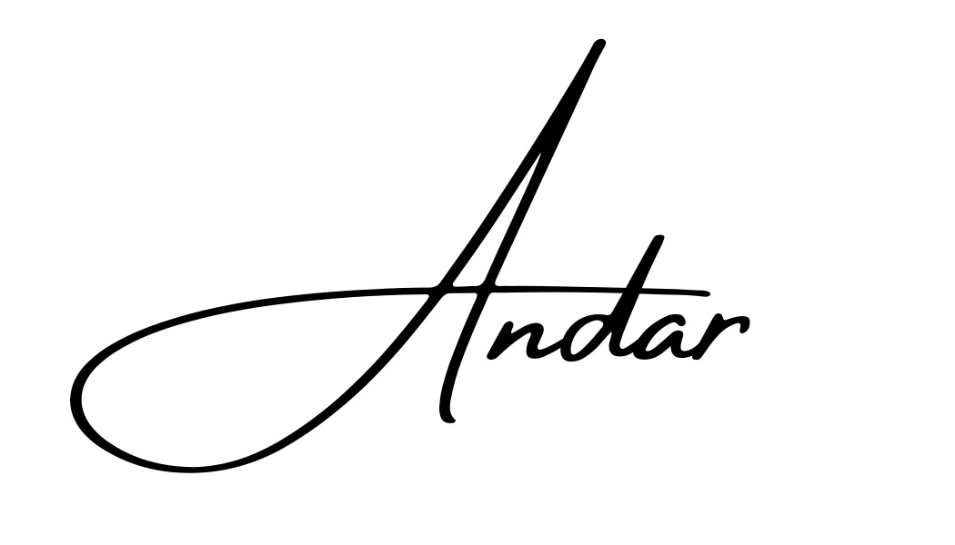 Elegancki, czarny podpis 'Andar' na białym tle, charakteryzujący się płynnymi liniami i kaligraficznym stylem pisma.