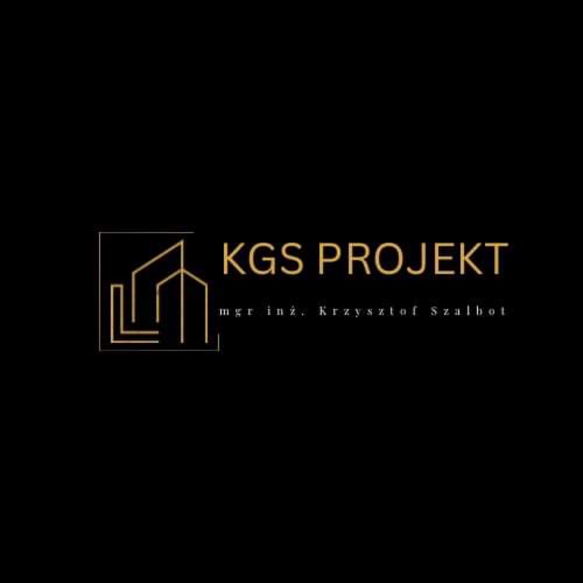 Logo firmy KGS Projekt mgr inż. Krzysztof Szalbot na czarnym tle, z minimalistycznym złotym symbolem budynku.