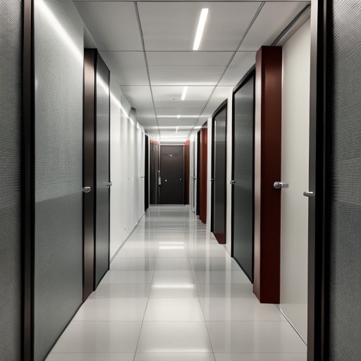 Długi, jasny korytarz biurowy z rzędem drzwi o różnych kolorach obramowań, odbijający światło w lśniącej, białej podłodze z płytek.