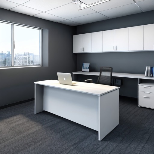 Nowoczesne biuro z szarymi ścianami, białymi meblami, biurkiem z laptopem i widokiem na miasto z okna.