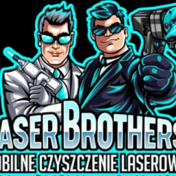 Animowana grafika z dwoma mężczyznami w garniturach i okularach przeciwsłonecznych trzymającymi pistolety laserowe, napis 'LASER BROTHERS MOBILNE CZYSZCZENIE LASEROWE'.