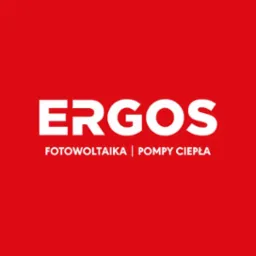 Logo firmy Ergos na intensywnym czerwonym tle, oferującej fotowoltaikę i pompy ciepła.