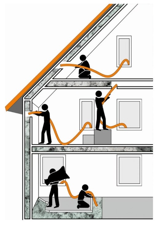 Ilustracja schematyczna przedstawiająca proces wdmuchiwania izolacji do ścian budynku przez otwory, z użyciem pomarańczowego węża i sylwetek ludzkich na różnych kondygnacjach.