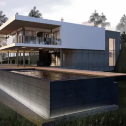 Nowoczesny dom z płaskim dachem i basenem, widok z zewnątrz, oświetlenie LED podkreśla bryłę, tło stanowią drzewa.