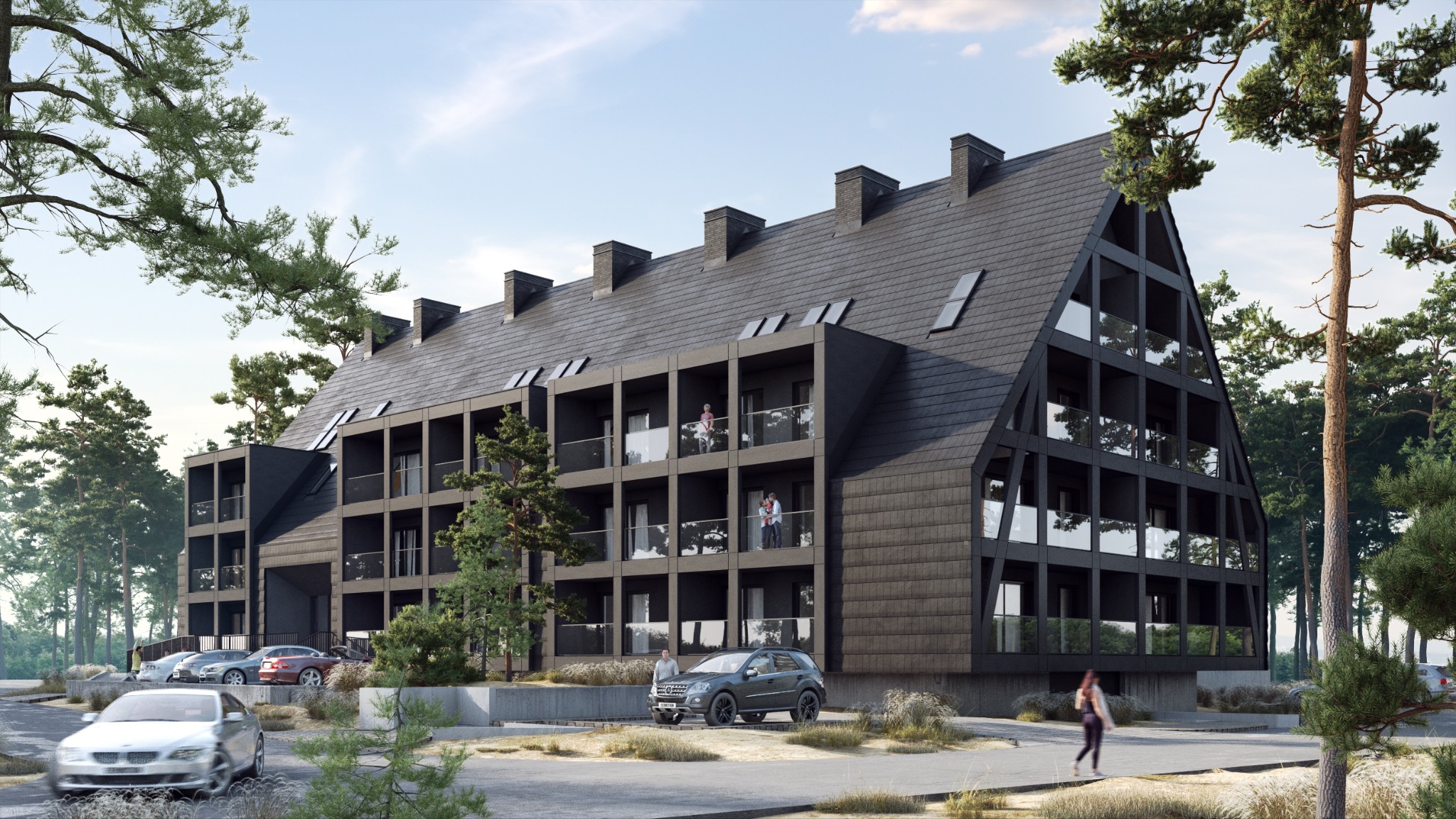 Wizualizacja apartamentowca na Helu z ciemną elewacją, balkonami z przezroczystymi balustradami i stromym dachem, otoczonego sosnowym lasem i z zaparkowanymi samochodami.