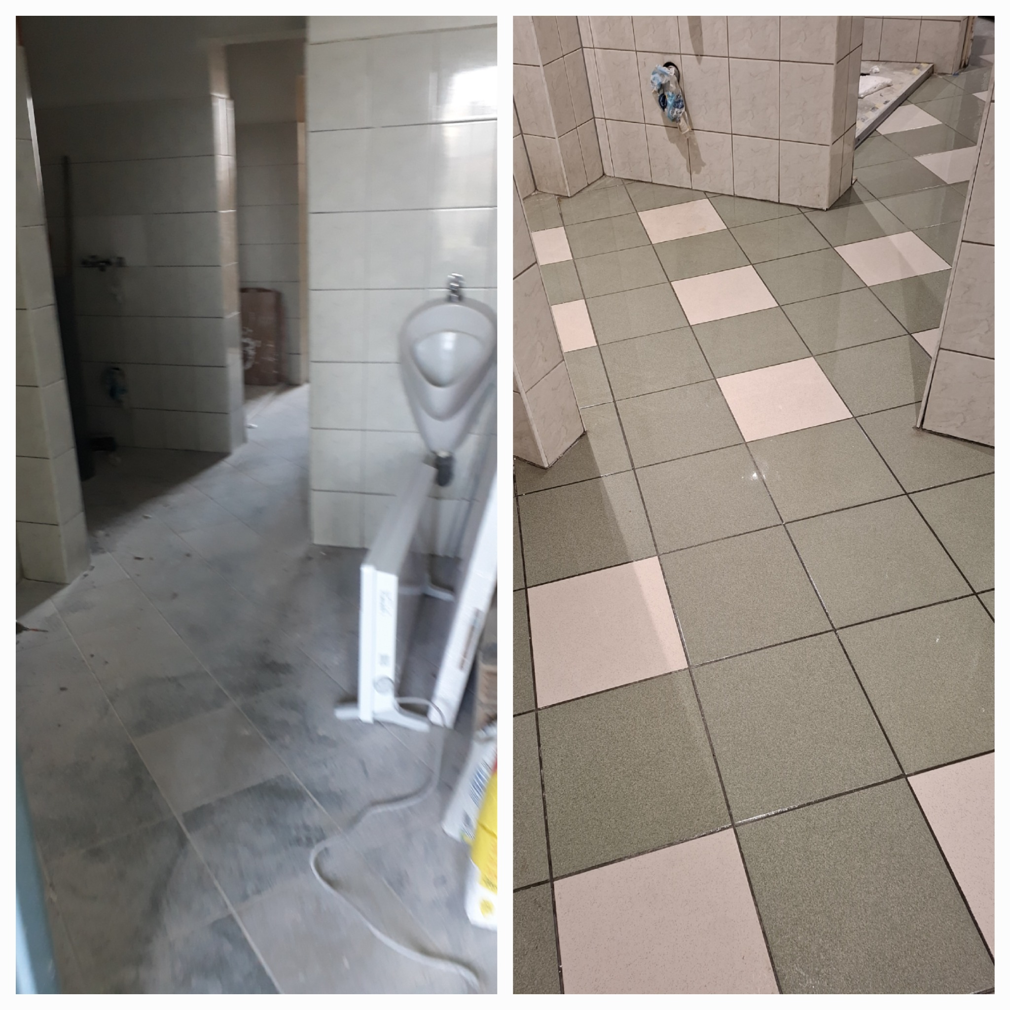 Dwie części zdjęcia: po lewej wstępne prace w toalecie z widocznym pisuarze, po prawej świeżo położone płytki podłogowe w szachownicę, fuga jeszcze nieoczyszczona.