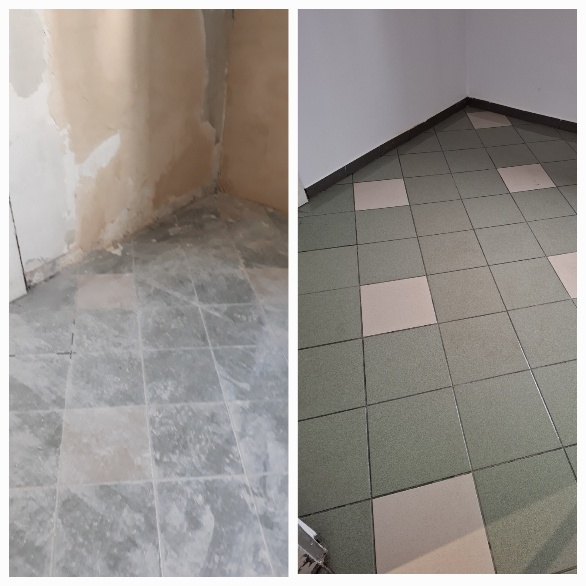 Porównanie stanu podłogi przed i po remoncie: po lewej surowe ściany i zabrudzone płytki, po prawej czyste, ułożone płytki w odnowionym wnętrzu.