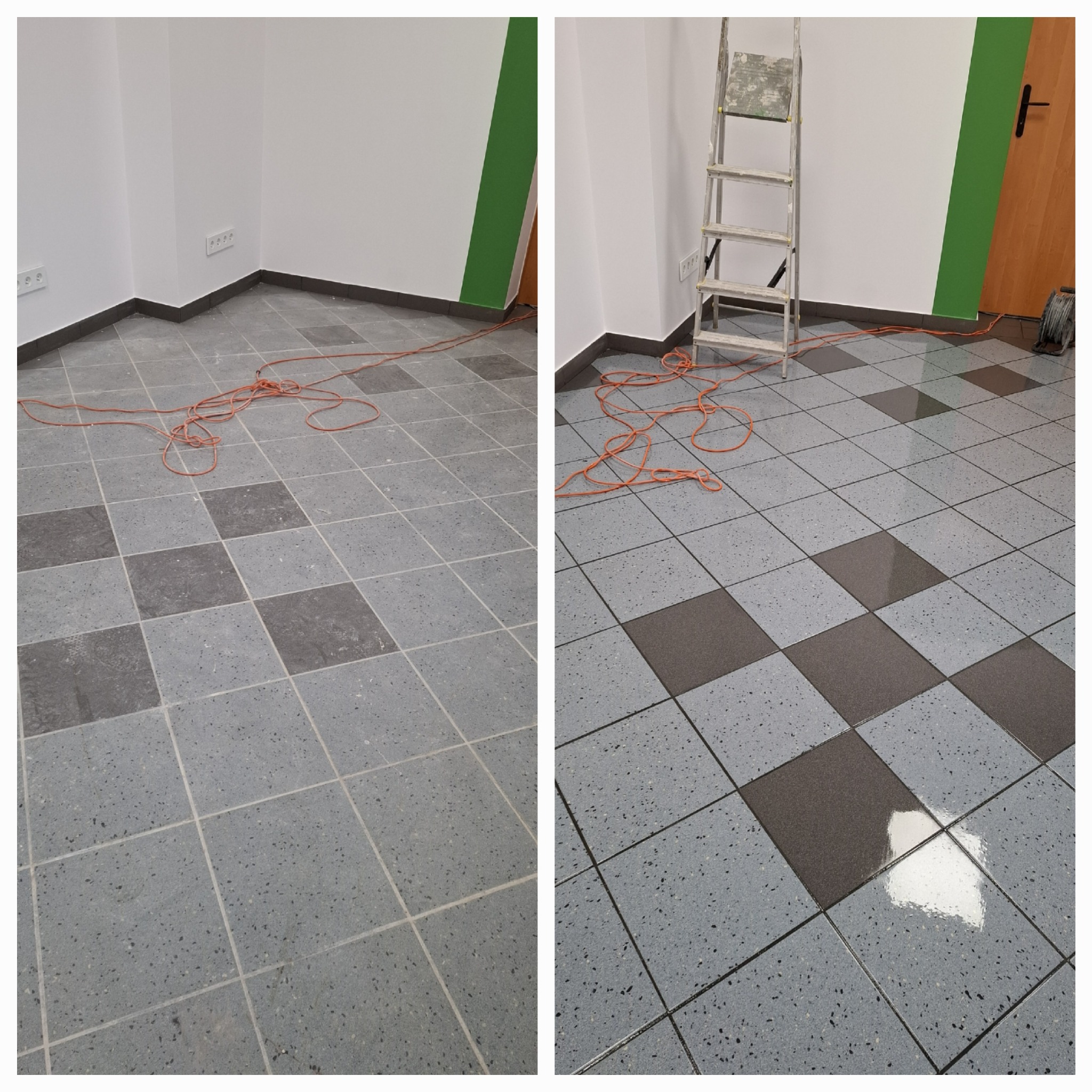 Porównanie stanu podłogi biurowej we Wrocławiu przed i po czyszczeniu: po lewej stronie widoczna jest podłoga z szarych i ciemnoszarych płytek w kratkę wymagająca czyszczenia, po prawej - fragment...