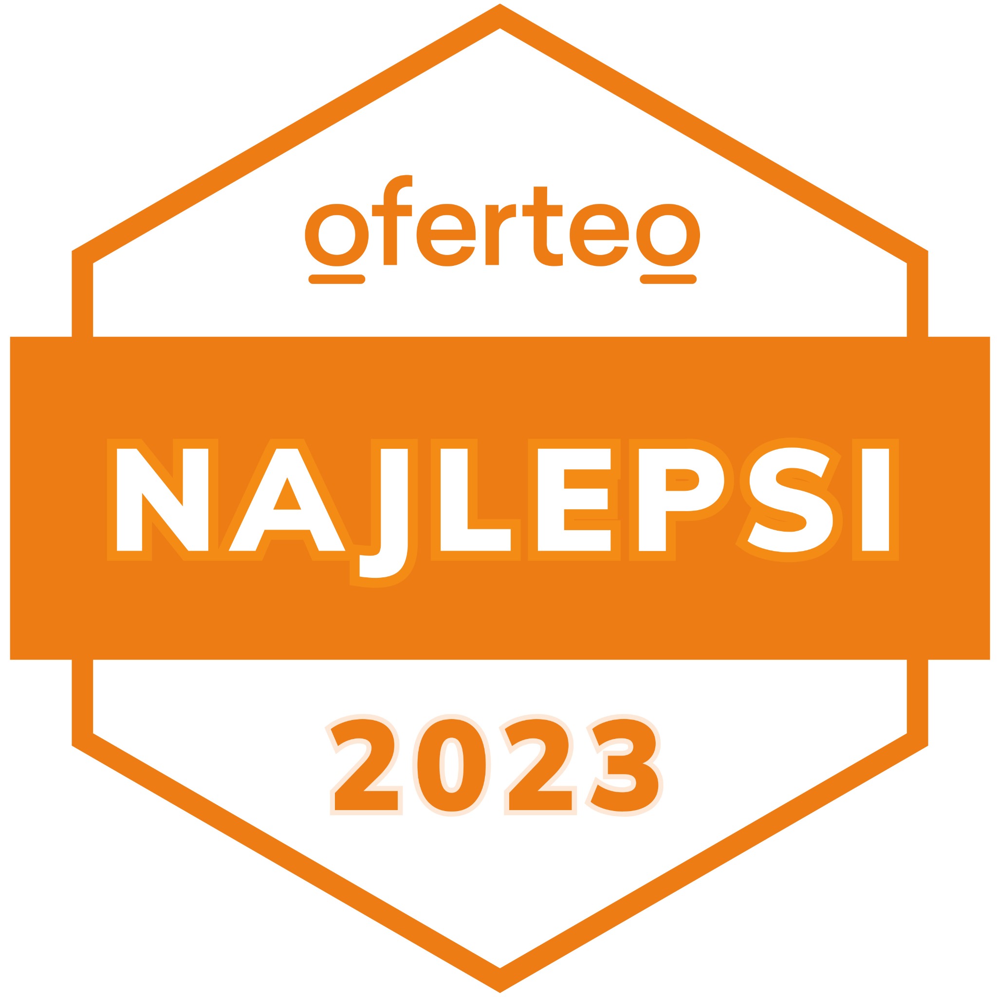 Pomarańczowy emblemat Oferteo z napisem 'Najlepsi 2023' na białym tle.
