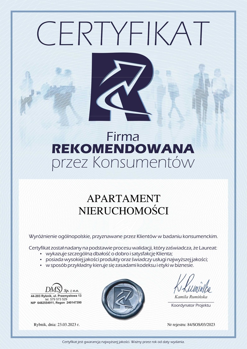 Certyfikat firmy rekomendowanej przez konsumentów w branży apartamentów i nieruchomości, z logo firmy w formie stylizowanej litery R oraz pieczęcią i podpisem koordynatora projektu.
