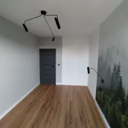 Wnętrze pokoju po remoncie: ściany pomalowane na szaro, z drewnianą podłogą i fototapetą z motywem lasu. Nowoczesne oświetlenie sufitowe i ścienne.