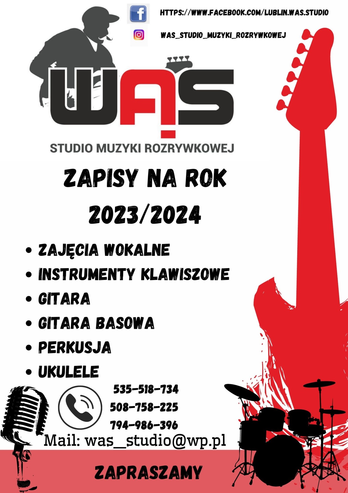 Grafika reklamowa studia muzyki rozrywkowej WAS z informacją o zapisach na rok 2023/2024, oferującego zajęcia wokalne, naukę gry na instrumentach klawiszowych, gitarze, gitarze basowej, perkusji...