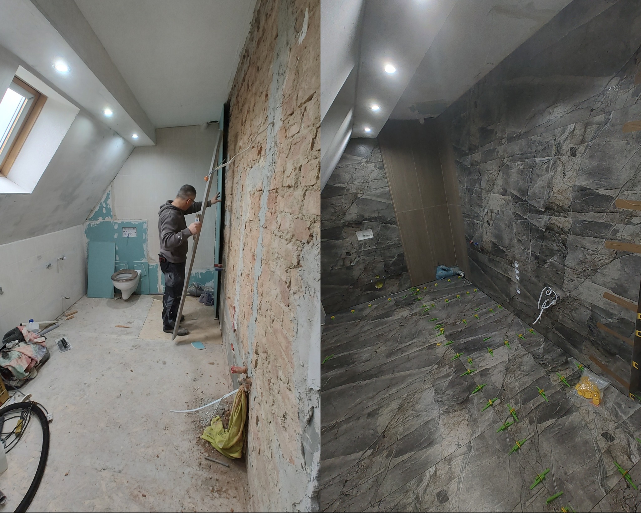 Remont łazienki: widok przed i po. Po lewej surowa ściana, po prawej wykończona płytkami imitującymi marmur. Fachowiec na drabinie. Nowoczesne oświetlenie.
