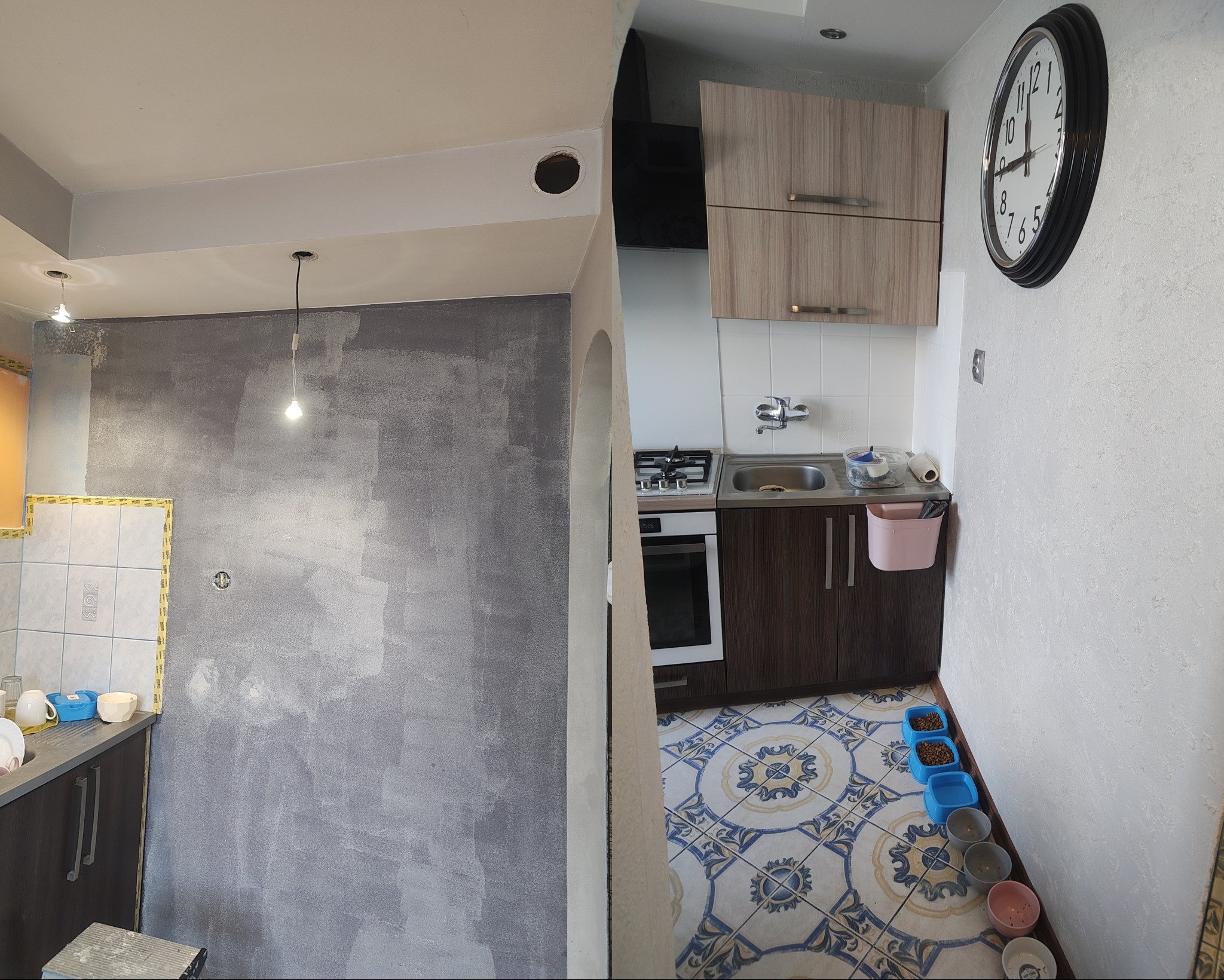 Zdjęcie 'przed i po' remontu kuchni: ściana w trakcie malowania na szaro i odnowiona kuchnia z zegarem, zabudową i wzorzystą podłogą. Widoczne miski dla zwierząt.