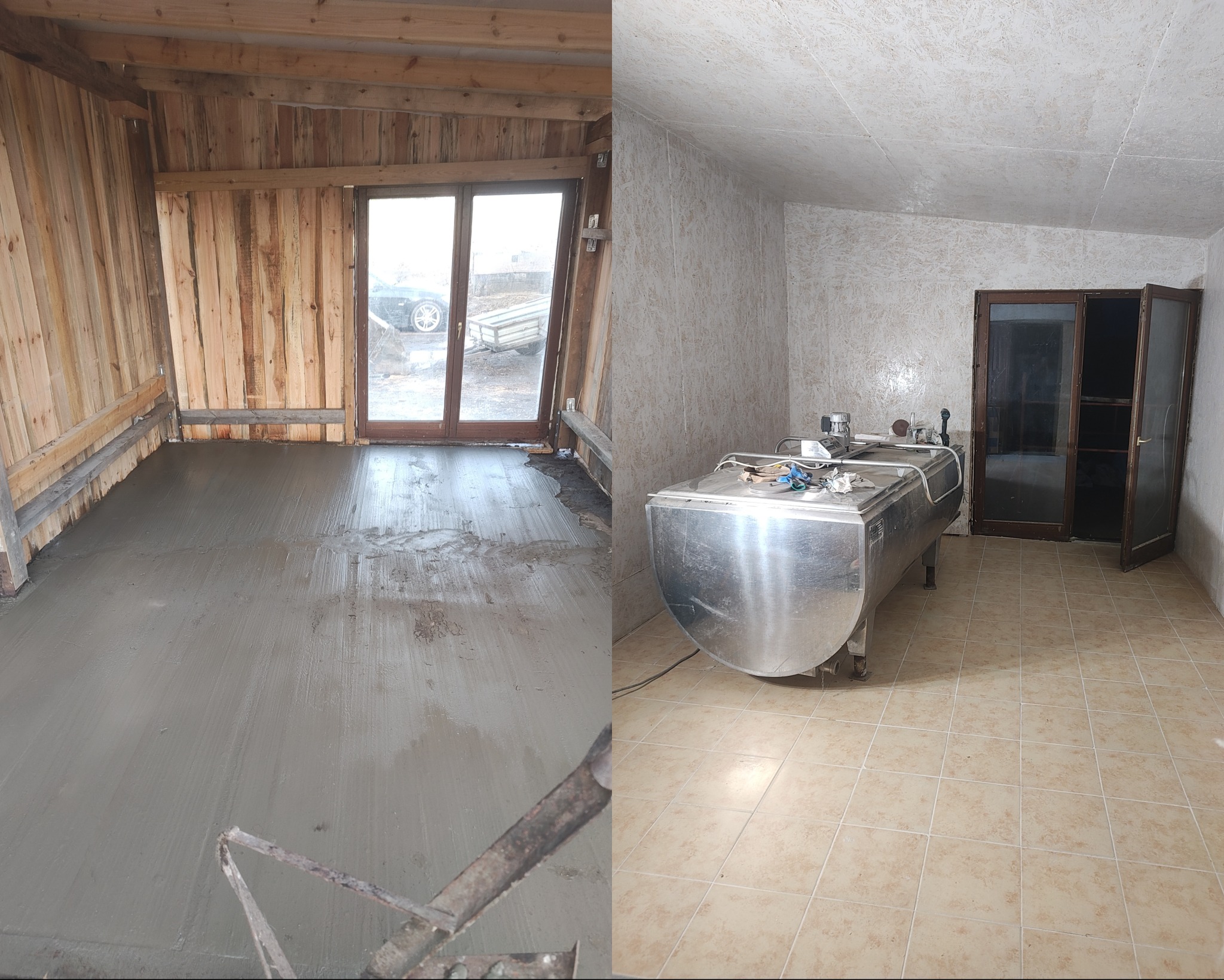 Zdjęcie typu 'przed i po' prezentuje drewnianą konstrukcję z wylewką i wykafelkowane pomieszczenie z metalowym zbiornikiem, sugerując remont lub adaptację przestrzeni.